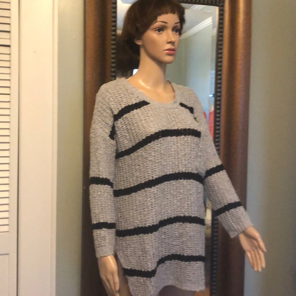 Gray and black striped long sweater